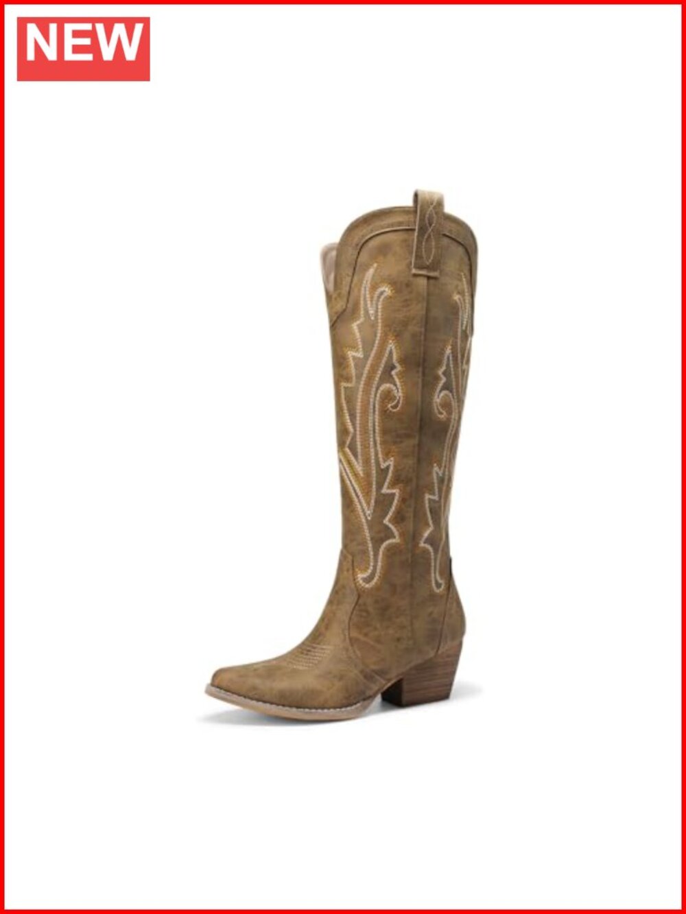 Women's Embroidered Western Knee-High Cowboy Boots Faux Leather Mid Heel